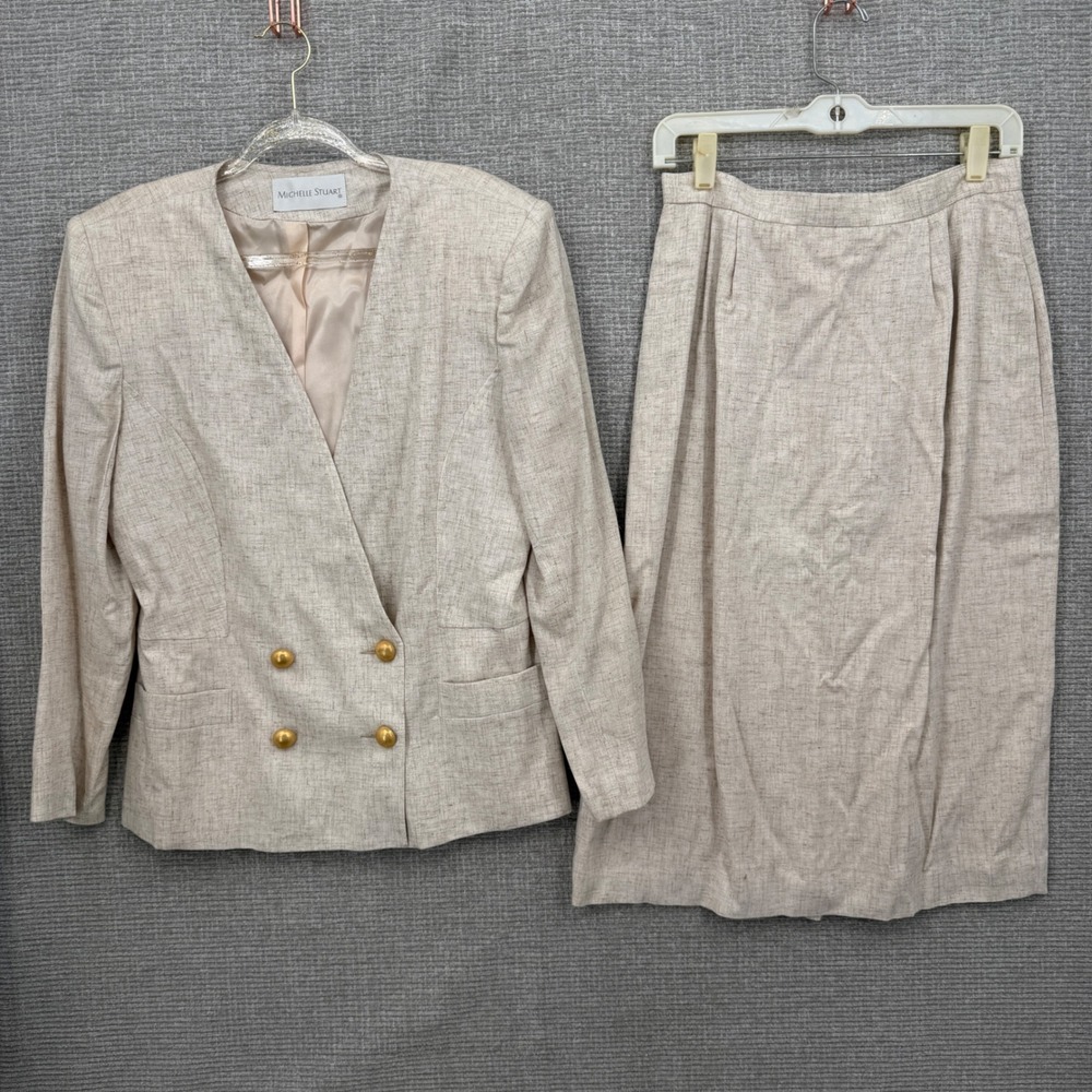 Vtg Michelle Stuart Skirt Suit Women 12 Beige Linen Blend Professional